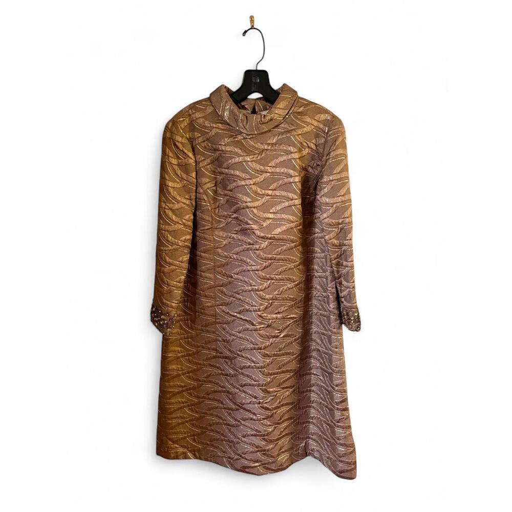 Vintage 1960's 3/4 Sleeve Copper Brocade Shift Dress w/ Jeweled Sleeves